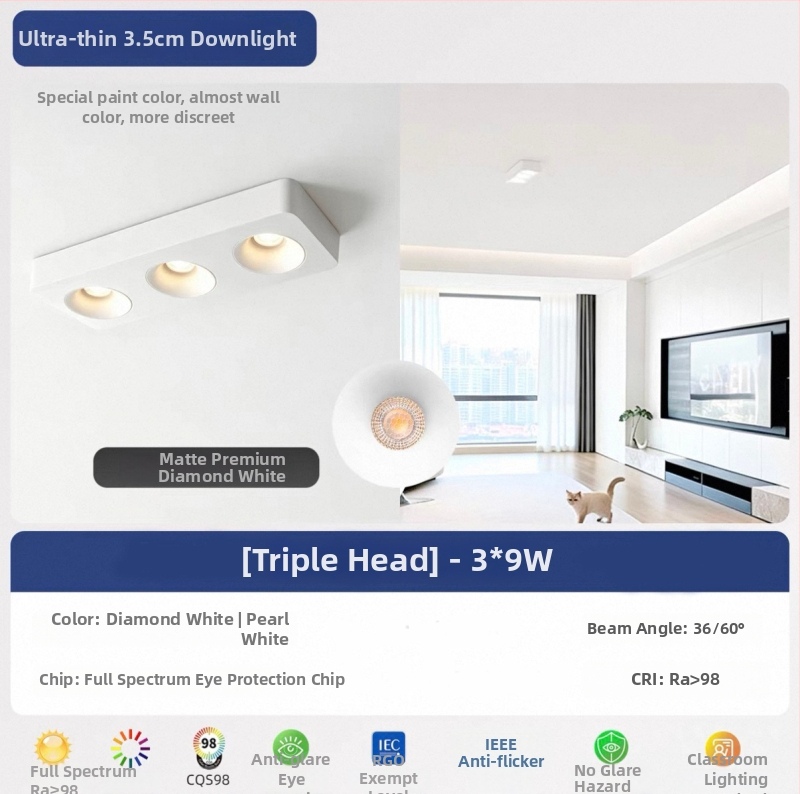Τετράγωνος επιφανειακά τοποθετημένος downlight οροφής με τέσσερα ultra-thin κεφαλές, για σαλόνι και υπνοδωμάτιο, φωτιστικό οροφής σε vintage cream στυλ φιλικό προς τα μάτια