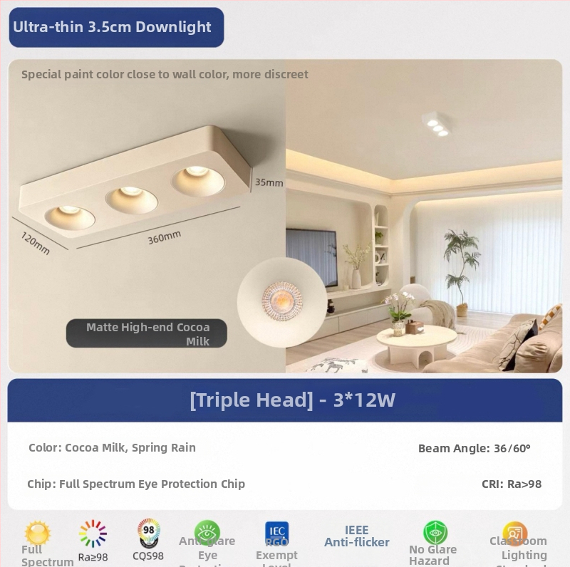 Τετράγωνος επιφανειακά τοποθετημένος downlight οροφής με τέσσερα ultra-thin κεφαλές, για σαλόνι και υπνοδωμάτιο, φωτιστικό οροφής σε vintage cream στυλ φιλικό προς τα μάτια