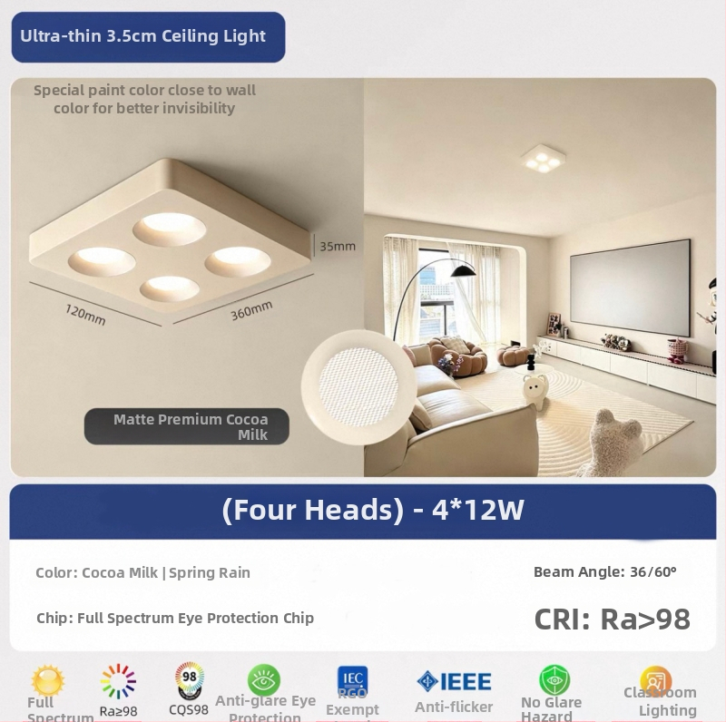 Τετράγωνος επιφανειακά τοποθετημένος downlight οροφής με τέσσερα ultra-thin κεφαλές, για σαλόνι και υπνοδωμάτιο, φωτιστικό οροφής σε vintage cream στυλ φιλικό προς τα μάτια