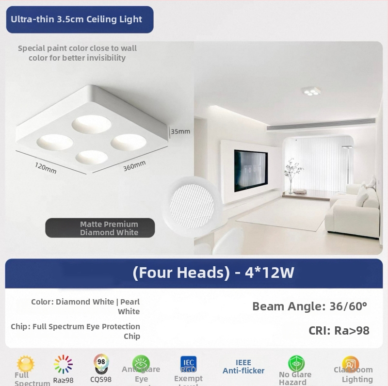 Τετράγωνος επιφανειακά τοποθετημένος downlight οροφής με τέσσερα ultra-thin κεφαλές, για σαλόνι και υπνοδωμάτιο, φωτιστικό οροφής σε vintage cream στυλ φιλικό προς τα μάτια
