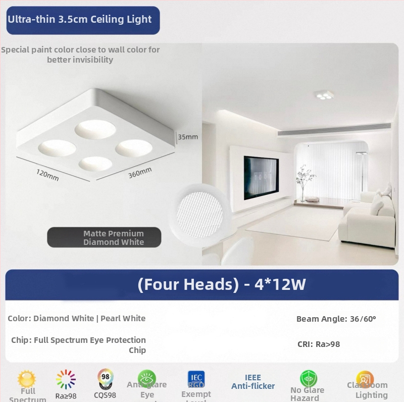 Τετράγωνος επιφανειακά τοποθετημένος downlight οροφής με τέσσερα ultra-thin κεφαλές, για σαλόνι και υπνοδωμάτιο, φωτιστικό οροφής σε vintage cream στυλ φιλικό προς τα μάτια