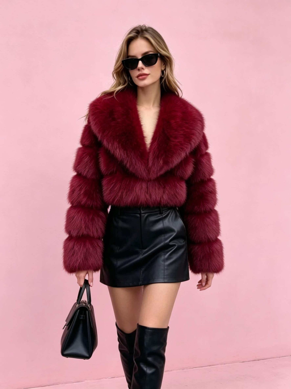Jakna od umjetnog lisijeg krzna, kratka, patchwork dizajn, dugi rukav, jesen-zima