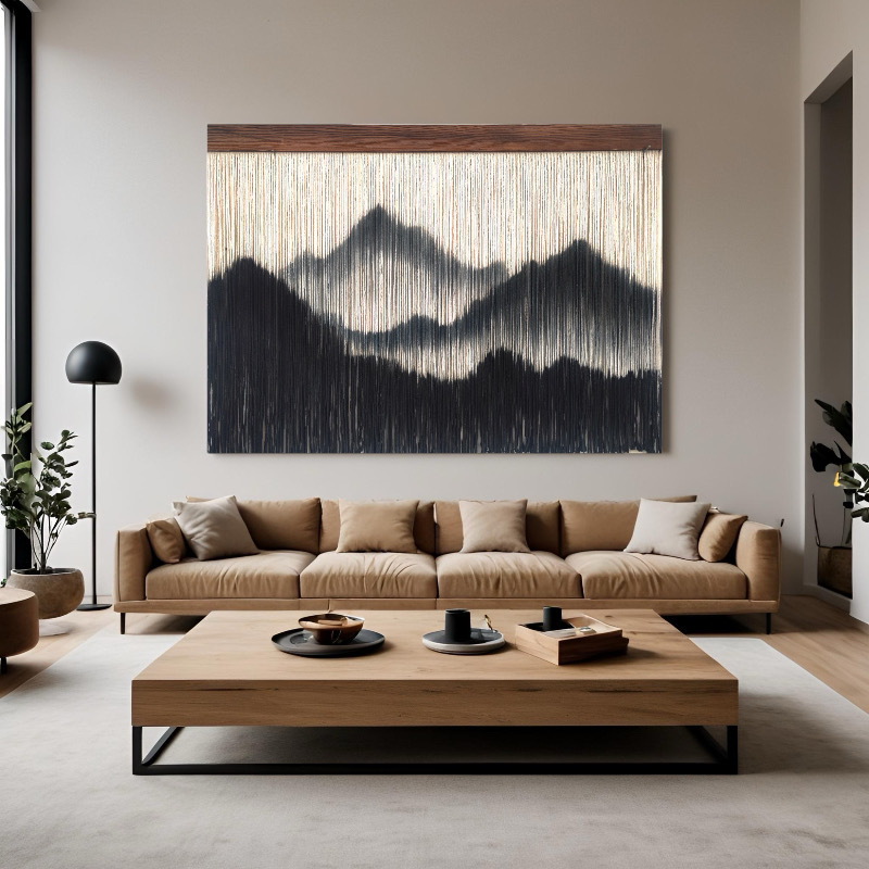 Alpski stil boemska tapiserija za zid, ručno tkan pamuk konop s resicama, crna, pravokutni zidni ukras 110 × 80 cm
