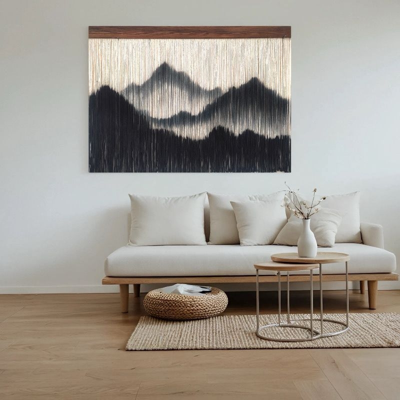 Alpski stil boemska tapiserija za zid, ručno tkan pamuk konop s resicama, crna, pravokutni zidni ukras 110 × 80 cm