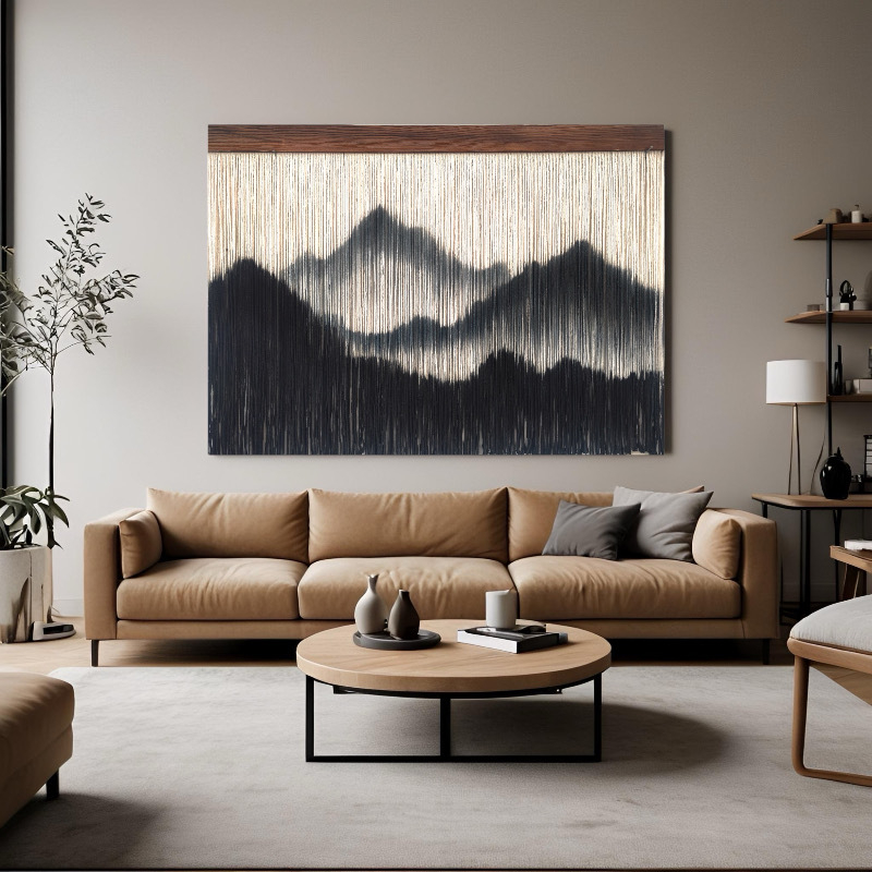 Alpski stil boemska tapiserija za zid, ručno tkan pamuk konop s resicama, crna, pravokutni zidni ukras 110 × 80 cm
