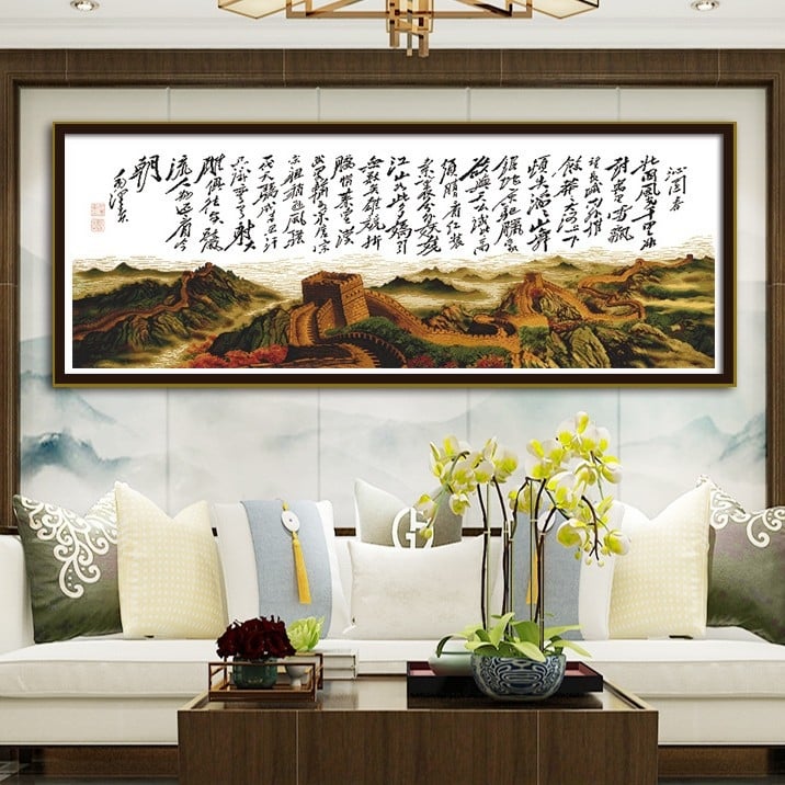 Keresztszemes készlet: Spring in Qingyuan – Nagy Fal tájkép a nappaliba, részleges hímzés falikép