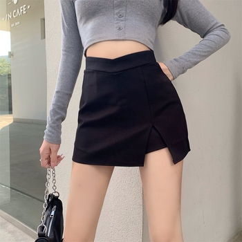 Ženska crna mini suknja s prorezom u stilu odijela, nova korejska suknja A-kroja s visokim strukom za mršavljenje