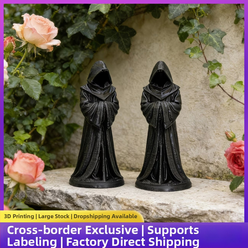 Tmavý gotický plášť s kapucňou vytlačený 3D tlačou s ornamentom Grim Reaper, čierna textúra