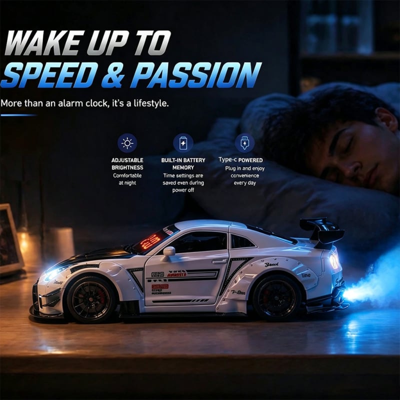 Ceas deșteptător cu sunet de motor de supercar și efecte de lumină LED, scară 1:2