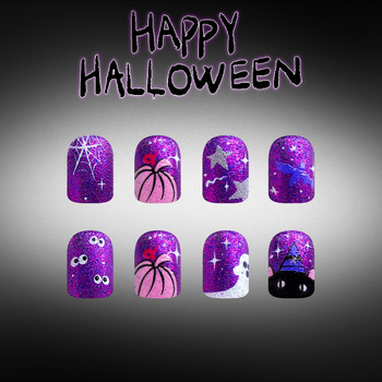 Kratke, sjajne naljepnice za nokte za Halloween s motivima paukove mreže, tikve, duha i šišmiša, ljubičasti glitter i zvjezdasti dizajn, 24 komada