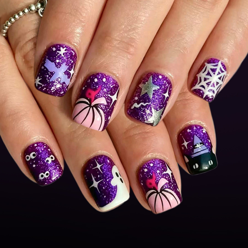 Kratke, sjajne naljepnice za nokte za Halloween s motivima paukove mreže, tikve, duha i šišmiša, ljubičasti glitter i zvjezdasti dizajn, 24 komada
