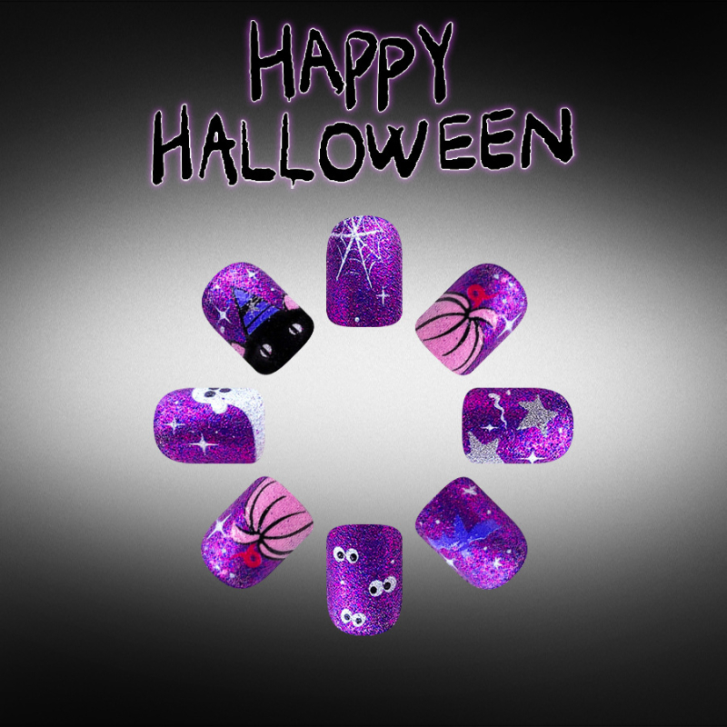 Kratke, sjajne naljepnice za nokte za Halloween s motivima paukove mreže, tikve, duha i šišmiša, ljubičasti glitter i zvjezdasti dizajn, 24 komada