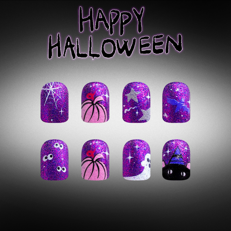 Kratke, sjajne naljepnice za nokte za Halloween s motivima paukove mreže, tikve, duha i šišmiša, ljubičasti glitter i zvjezdasti dizajn, 24 komada