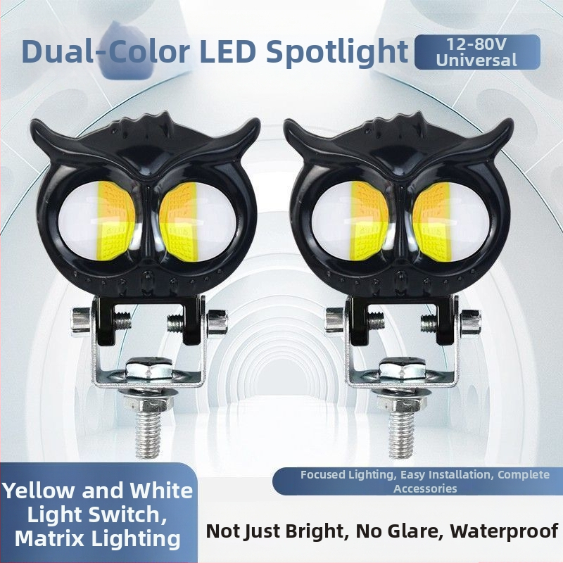Ultra‑fényes LED reflektor motorkerékpárhoz és elektromos járműhöz, sárga/fehér váltó fény, magas és alacsony fény, univerzális 12-85V