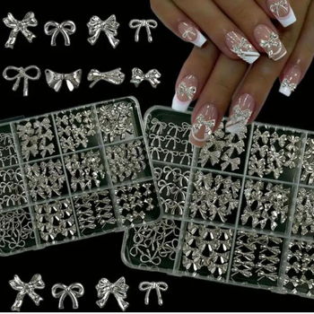 Mašne za nokte u japanskom stilu, srebrne 3D mašne, 120 komada