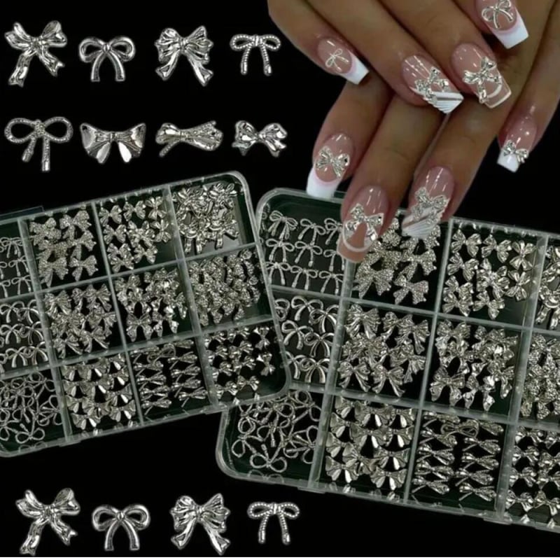 Mašne za nokte u japanskom stilu, srebrne 3D mašne, 120 komada