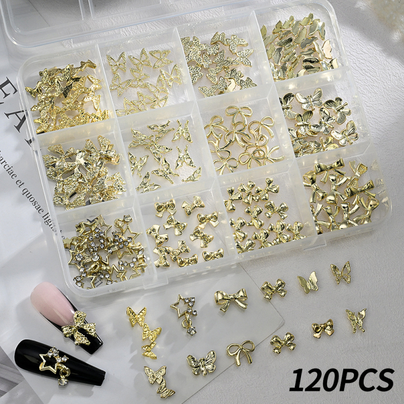Mašne za nokte u japanskom stilu, srebrne 3D mašne, 120 komada