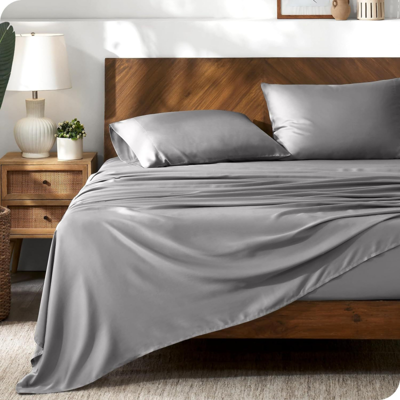 Σετ σεντονιών από Tencel (Lyocell), τεσσάρων τεμαχίων, περιλαμβάνει σεντόνι με λάστιχο, σεντόνι και μαξιλαροθήκες· μονόχρωμο, ύφανση twill, αντιδραστικό βαφή, καλοκαίρι