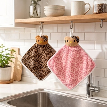 Leopard mintás kéztörlő plüss macska dizájnnal, vastag, gyors nedvszívó, szálmentes, akasztóval a konyhába.