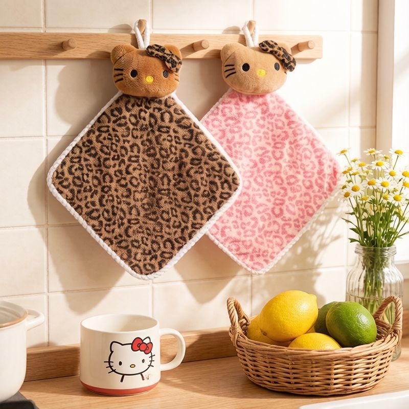 Leopard mintás kéztörlő plüss macska dizájnnal, vastag, gyors nedvszívó, szálmentes, akasztóval a konyhába.