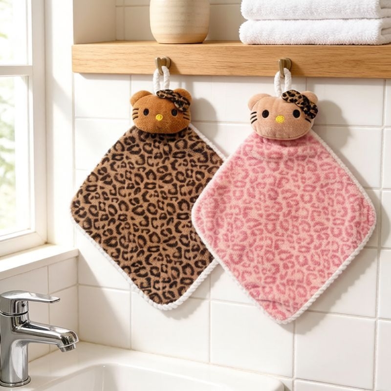 Leopard mintás kéztörlő plüss macska dizájnnal, vastag, gyors nedvszívó, szálmentes, akasztóval a konyhába.