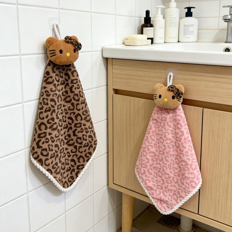 Leopard mintás kéztörlő plüss macska dizájnnal, vastag, gyors nedvszívó, szálmentes, akasztóval a konyhába.