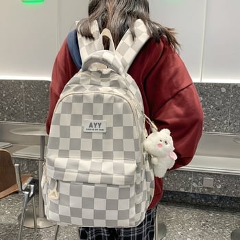 Rucsac dama în carouri, capacitate mare 20–35L, nylon, rezistent la apă, curele cu pernă de aer, potrivit pentru școală și uz zilnic, laptop de 15 inchi.