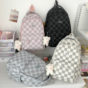 Rucsac dama în carouri, capacitate mare 20–35L, nylon, rezistent la apă, curele cu pernă de aer, potrivit pentru școală și uz zilnic, laptop de 15 inchi.