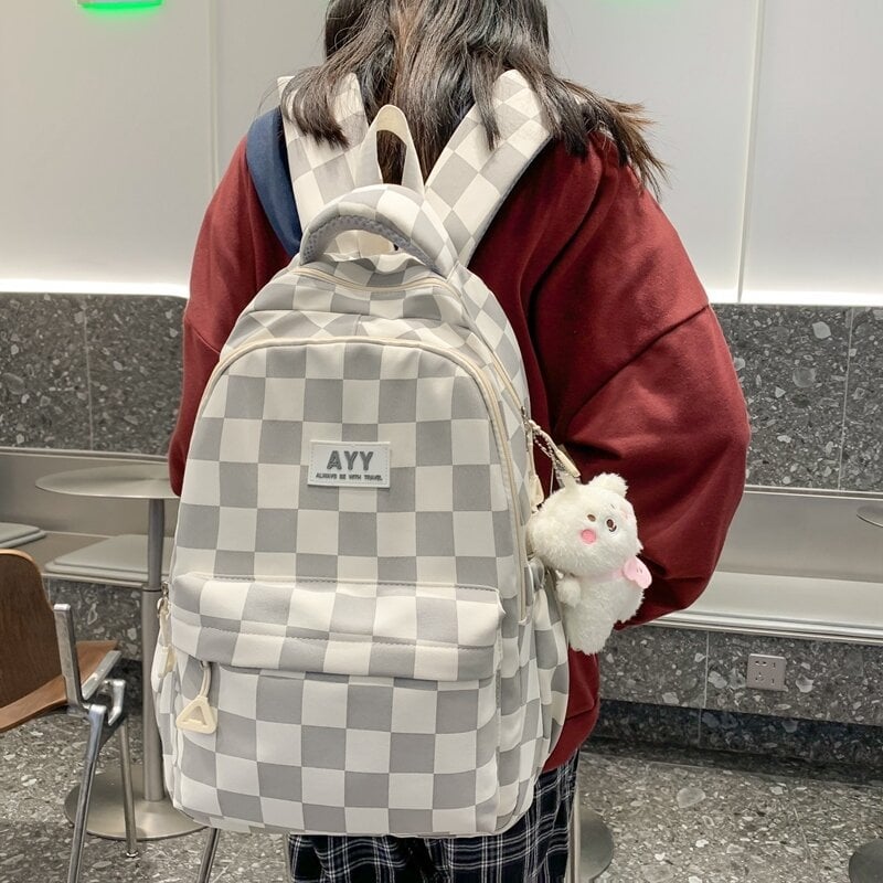 Rucsac dama în carouri, capacitate mare 20–35L, nylon, rezistent la apă, curele cu pernă de aer, potrivit pentru școală și uz zilnic, laptop de 15 inchi.