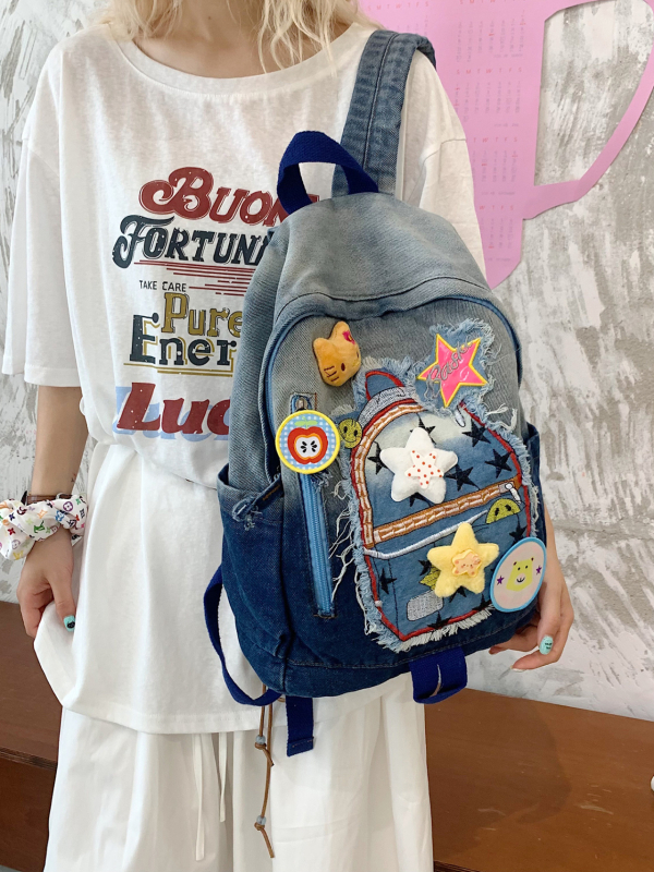 Vintage denim ruksak za žene, ruksak s blokovima boja, japanski stil, sladak i svestran za školu i kampus