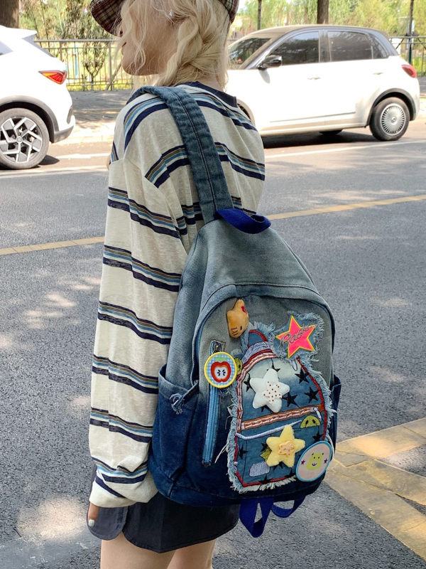 Vintage denim ruksak za žene, ruksak s blokovima boja, japanski stil, sladak i svestran za školu i kampus