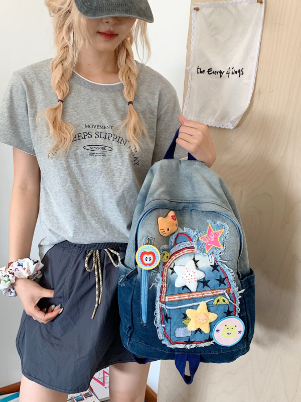 Vintage denim ruksak za žene, ruksak s blokovima boja, japanski stil, sladak i svestran za školu i kampus