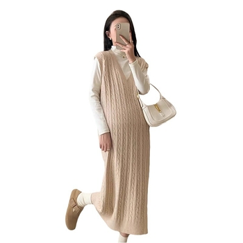 Trudnički pleteni komplet: jesensko-zimski dvodjelni outfit s dugim rukavima i midi pletenom suknom, jednobojan, japansko-korejski casual stil.
