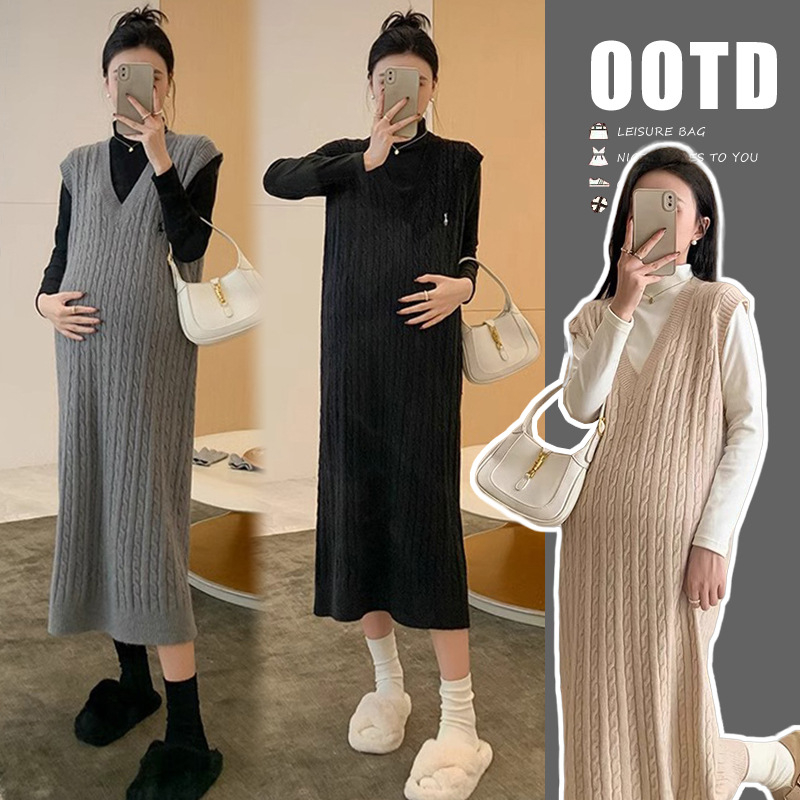 Trudnički pleteni komplet: jesensko-zimski dvodjelni outfit s dugim rukavima i midi pletenom suknom, jednobojan, japansko-korejski casual stil.