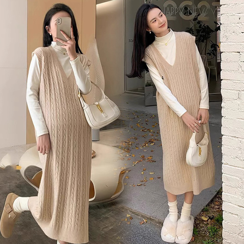 Trudnički pleteni komplet: jesensko-zimski dvodjelni outfit s dugim rukavima i midi pletenom suknom, jednobojan, japansko-korejski casual stil.