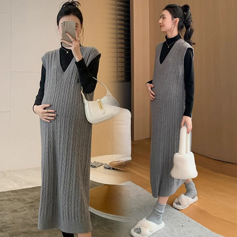 Trudnički pleteni komplet: jesensko-zimski dvodjelni outfit s dugim rukavima i midi pletenom suknom, jednobojan, japansko-korejski casual stil.