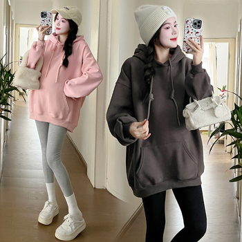 Női terhes kapucnis pulóverruha fleece-béléssel, őszi-téli, bő szabás