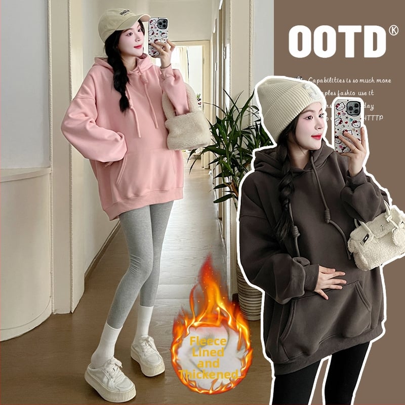 Női terhes kapucnis pulóverruha fleece-béléssel, őszi-téli, bő szabás