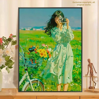 Digitálna olejomaľba s kvetinovým dievčaťom — DIY vyfarbovanie, anime štýl, ručne maľované nástenné umenie v ráme z masívneho dreva