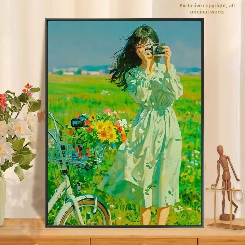 Digitálna olejomaľba s kvetinovým dievčaťom — DIY vyfarbovanie, anime štýl, ručne maľované nástenné umenie v ráme z masívneho dreva