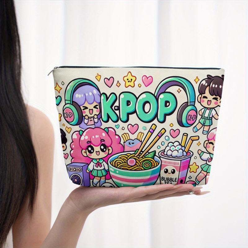 Kozmetička torbica sa šarenom K-pop ilustracijom, lagana i sklopiva, putna neseser za kozmetiku, zatvarač