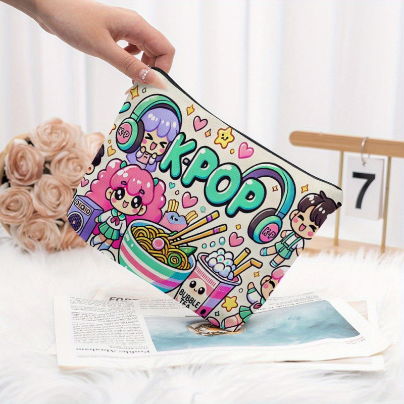 Kozmetička torbica sa šarenom K-pop ilustracijom, lagana i sklopiva, putna neseser za kozmetiku, zatvarač