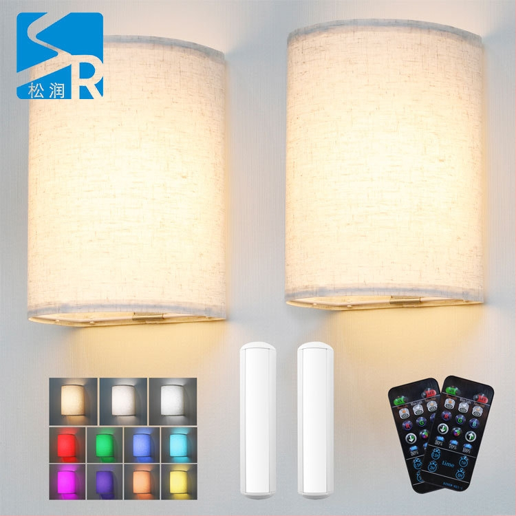 Corp de iluminat de perete fără fir, set de două, 16 culori RGB, abajur din in, telecomandă, atașare magnetică, stil nordic