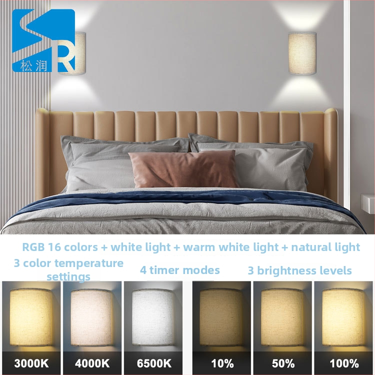 Corp de iluminat de perete fără fir, set de două, 16 culori RGB, abajur din in, telecomandă, atașare magnetică, stil nordic
