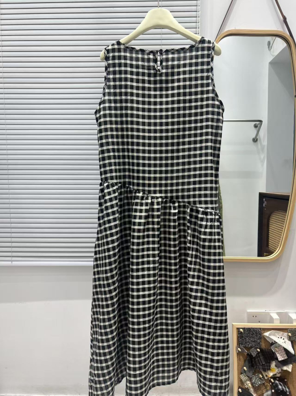 Retro umjetnička bez rukava haljina s crno-bijelim karom, lagana tkanina od Tencel acetata