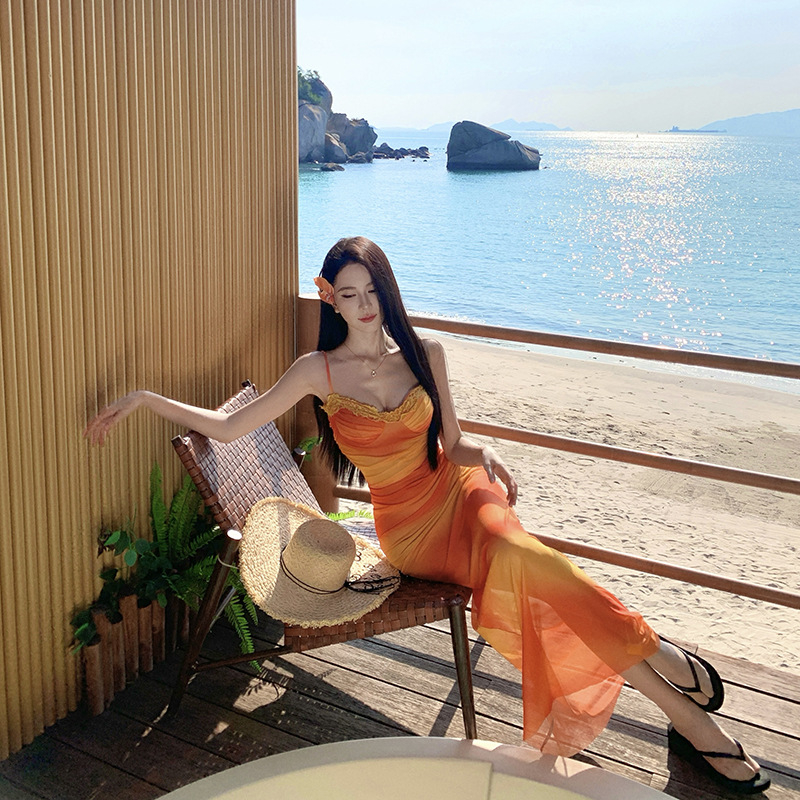 Nova mrežasta haljina bez rukava s umetkom za dojke, jesensko-zimski stil za plažu, uska duga haljina