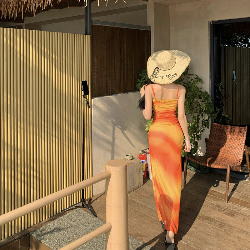 Nova mrežasta haljina bez rukava s umetkom za dojke, jesensko-zimski stil za plažu, uska duga haljina