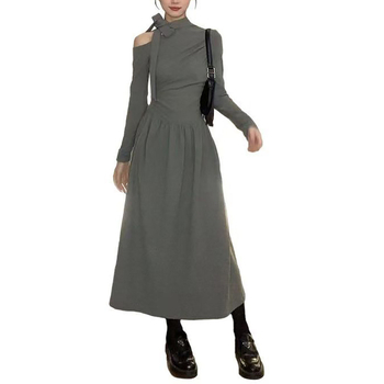 Francuski stil, uska silueta, haljina za žene s otvorenim ramenima, jesen-zima, jednobojna, naglašava struk, midi dužine.