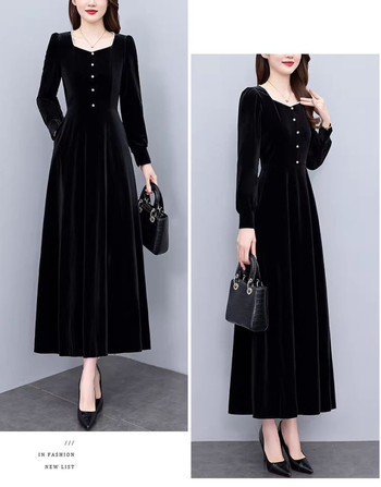 Francuski stil elegantna baršunasta haljina za jesen i zimu, ženska duga haljina s naglašenim strukom u Hepburn stilu, elegantna vintage večernja haljina.