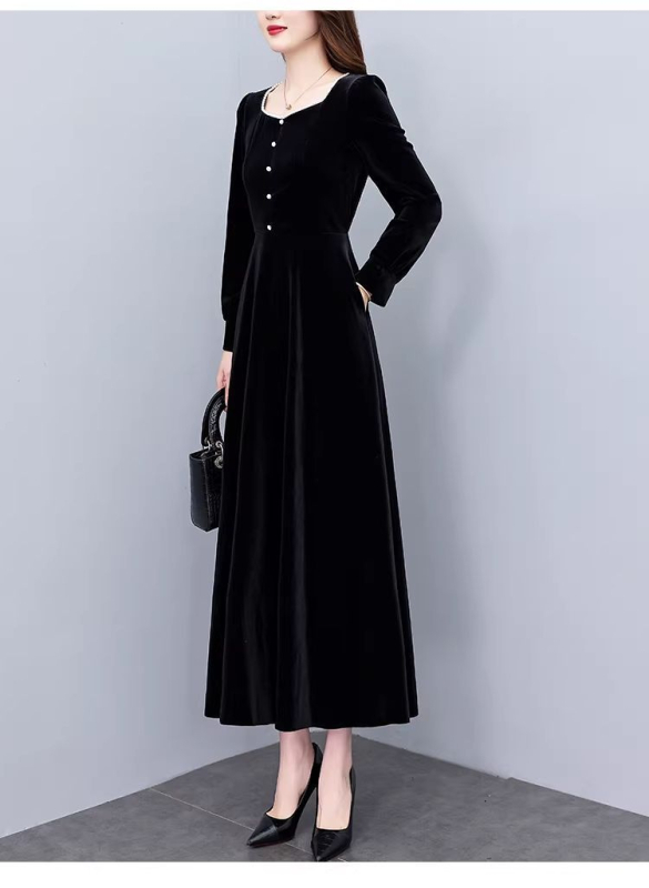 Francuski stil elegantna baršunasta haljina za jesen i zimu, ženska duga haljina s naglašenim strukom u Hepburn stilu, elegantna vintage večernja haljina.